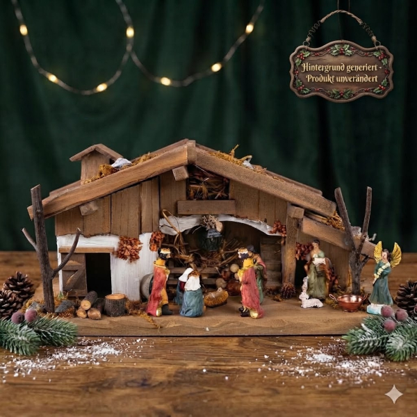 Schöne Weihnachtskrippe Königstein inkl. 11-tlg. Figurensatz K 111, Maße Krippe: ca. 33 x 11 x 13,5 cm